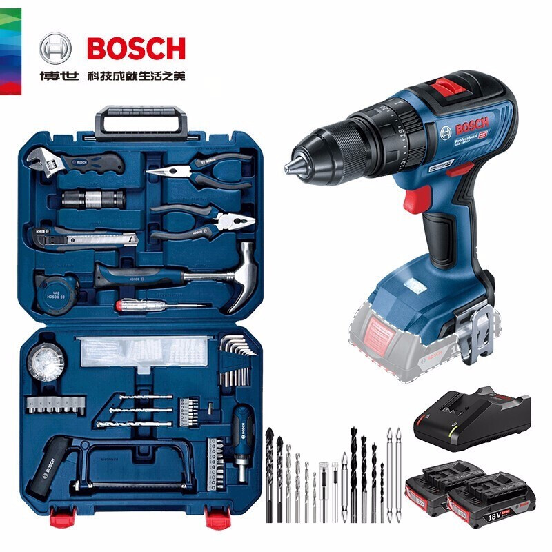 博世Bosch锂电充电式冲击钻GSB18V-50无刷锂电钻充电起子机电动工具 无刷双电+博世108件工具组合